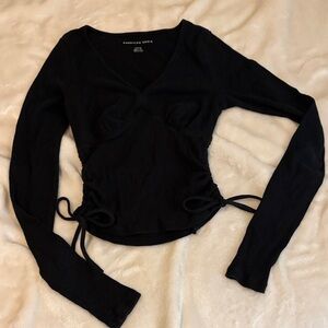 American Eagle Outfitters Black Long-Sleeve V-Neck Adjustable Cinch Ribbed Top